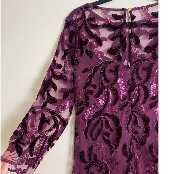 Donna Ricco Dress Sheath Velvet Embroidered Sequin Mesh Wine Size 8 Bordeaux - Picture 6 of 9
